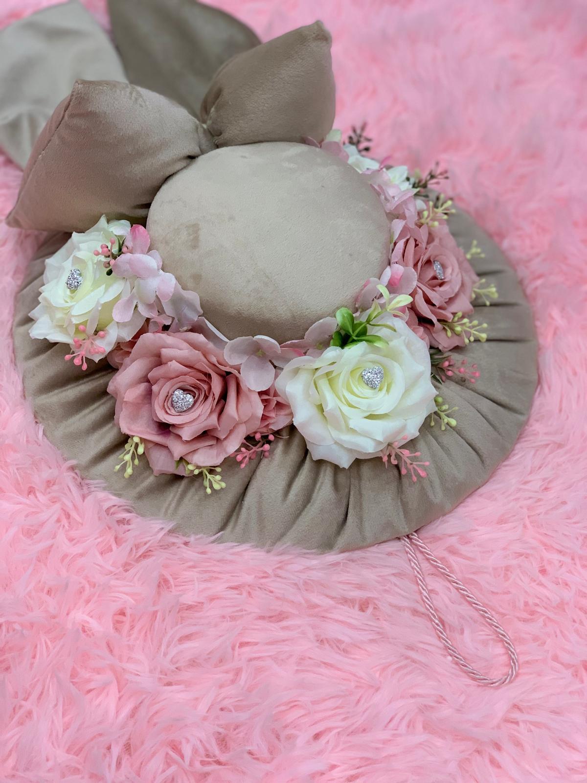 Cappello fiori e fiocco da appendere rosa, diametro 35cm